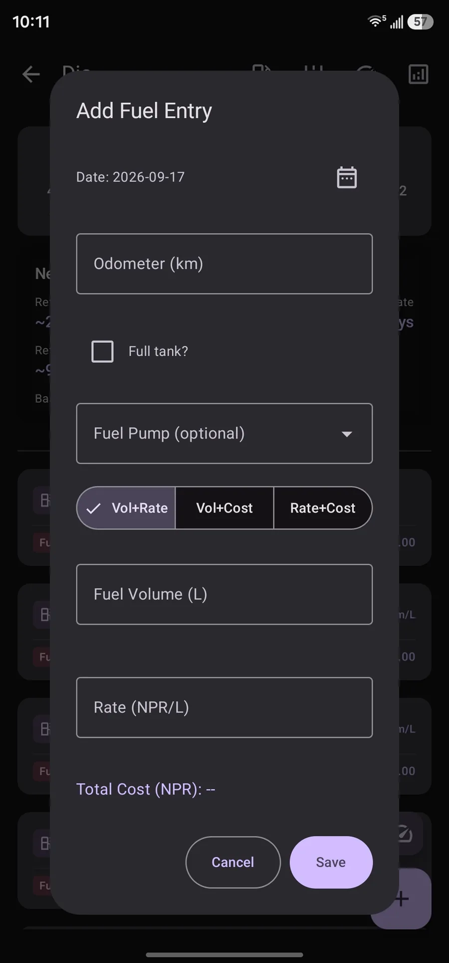 Add Fuel Entry dialog with odometer, full tank, pump, and auto cost modes