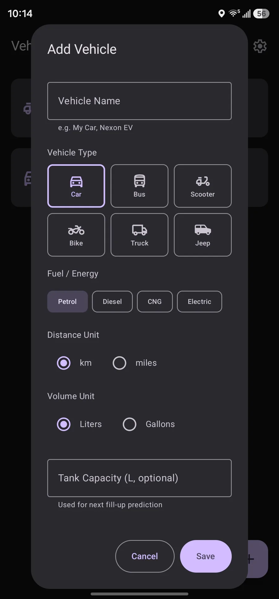 Add Vehicle form with vehicle type, fuel energy, units, and capacity