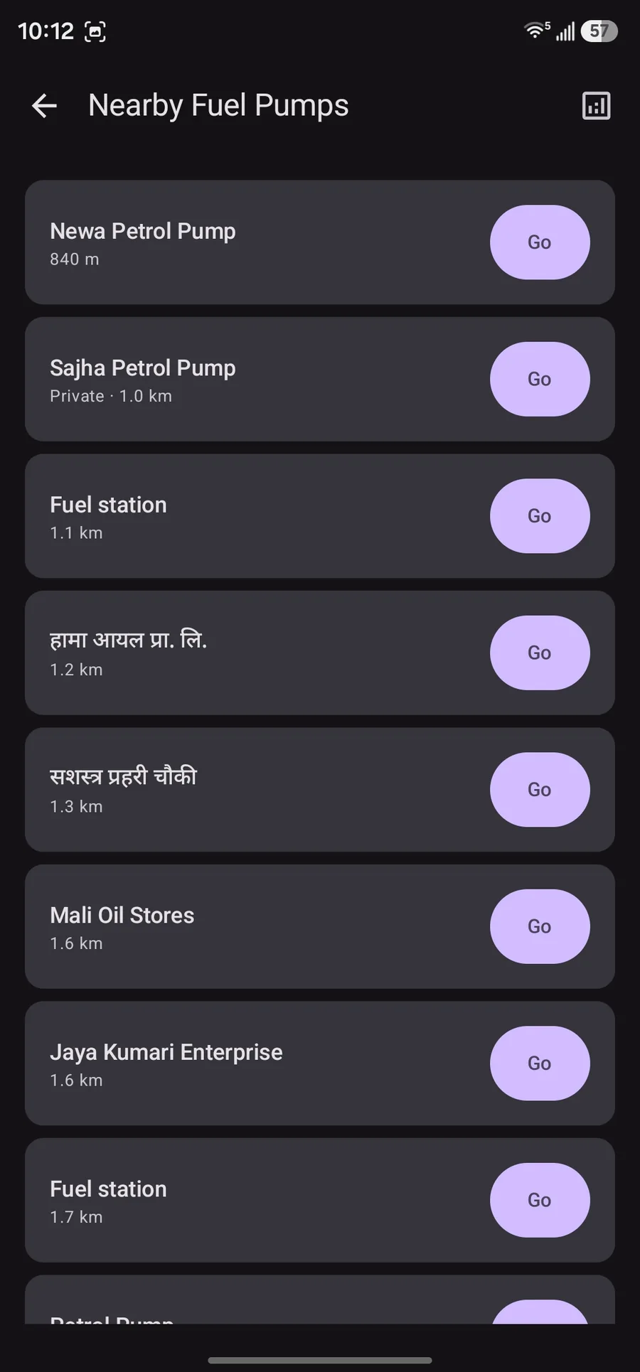 Nearby fuel pumps list from OpenStreetMap with Go buttons