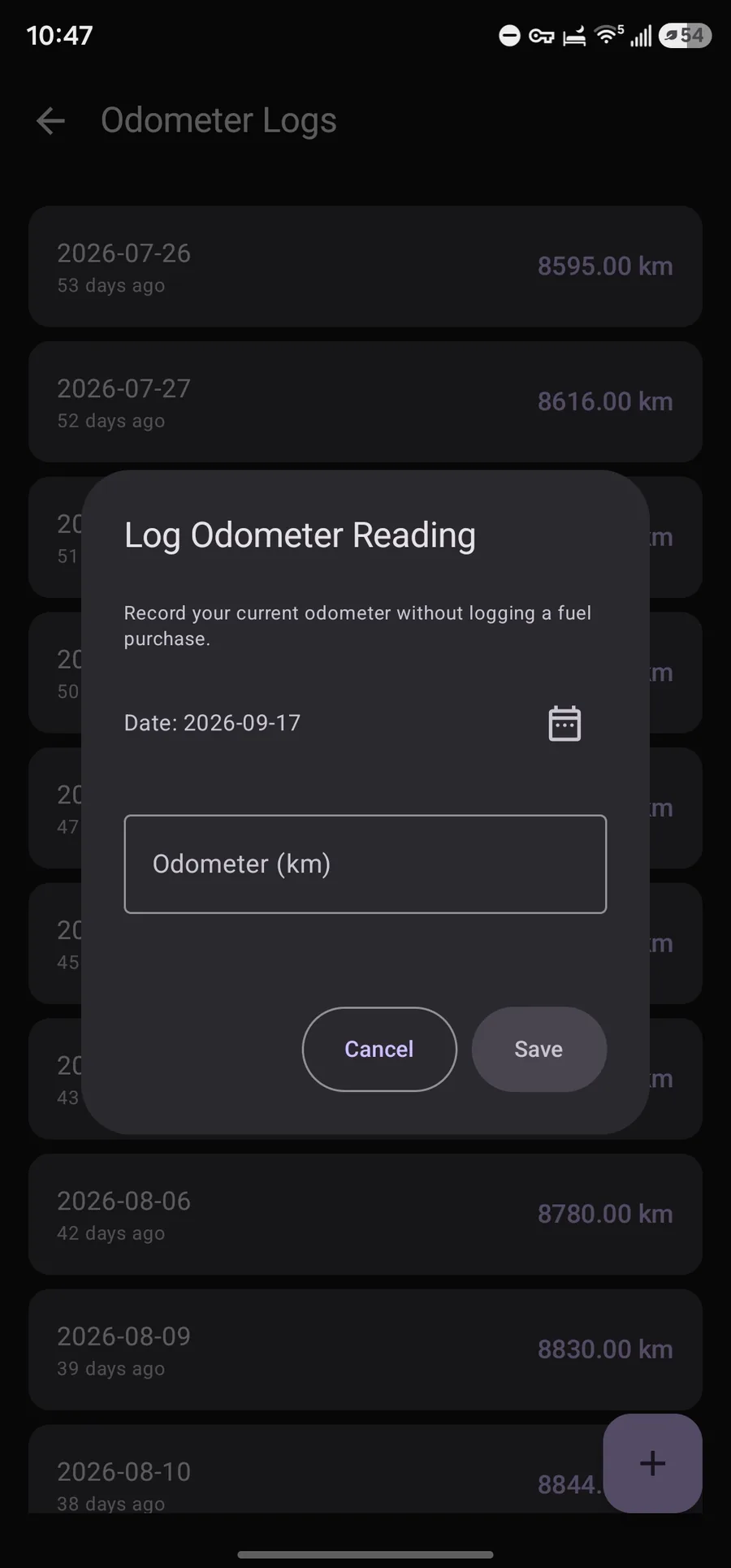 Log Odometer Reading dialog without a fuel purchase