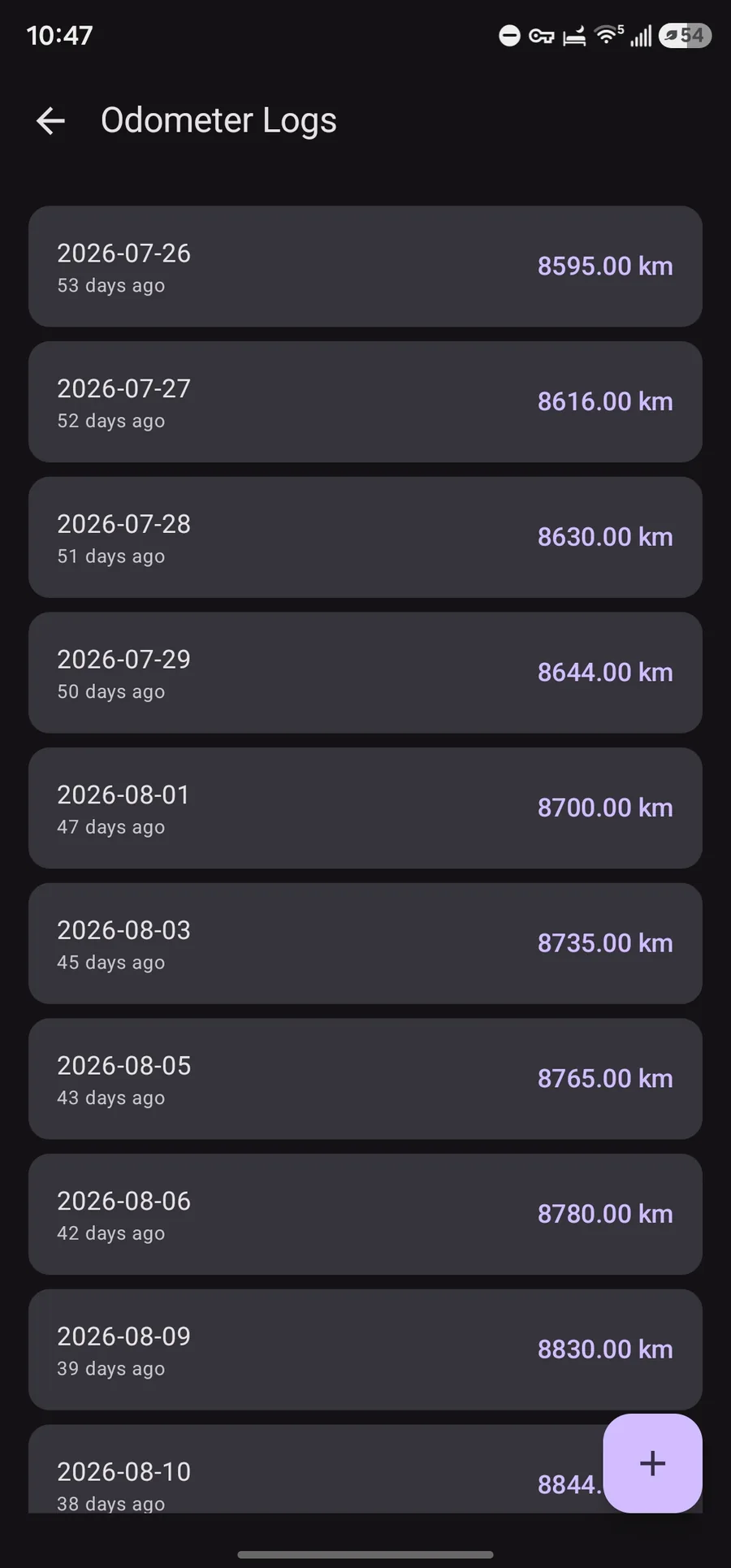 Odometer Logs list with dated distance check-ins
